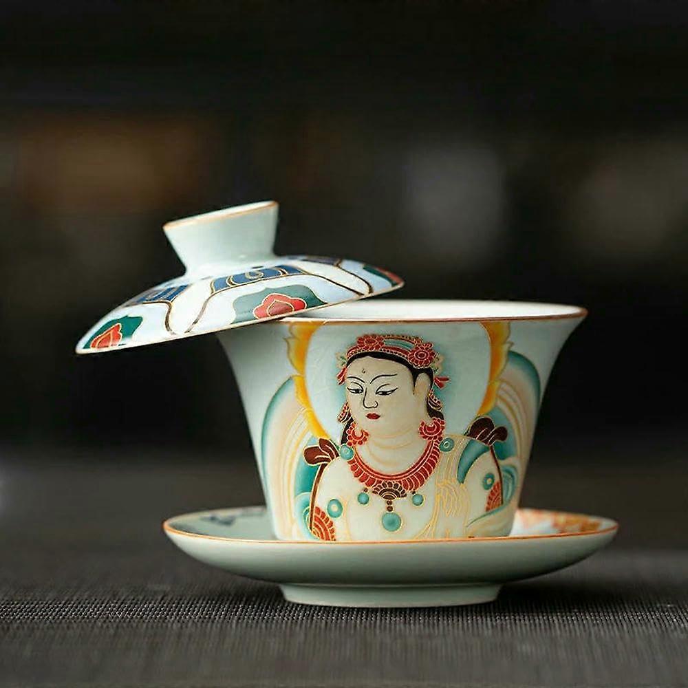 Gaiwan Rotatable Tea Tureen With Gold Silver Mixed Finish, Zen Sheep Fat Jade Hovering Lid, Kungfu Teaware Box Size 7