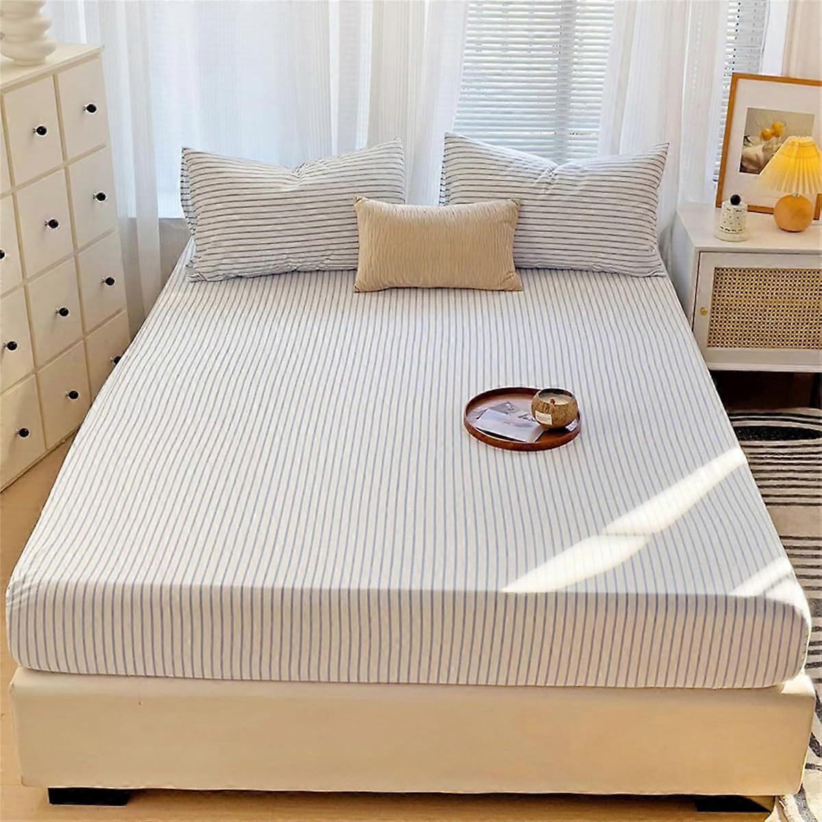 Fitted Sheets Double Blue Stripes 100% Polyester Deep Pocket 25cm All Around Elastic 150x200cm Fade Resistant