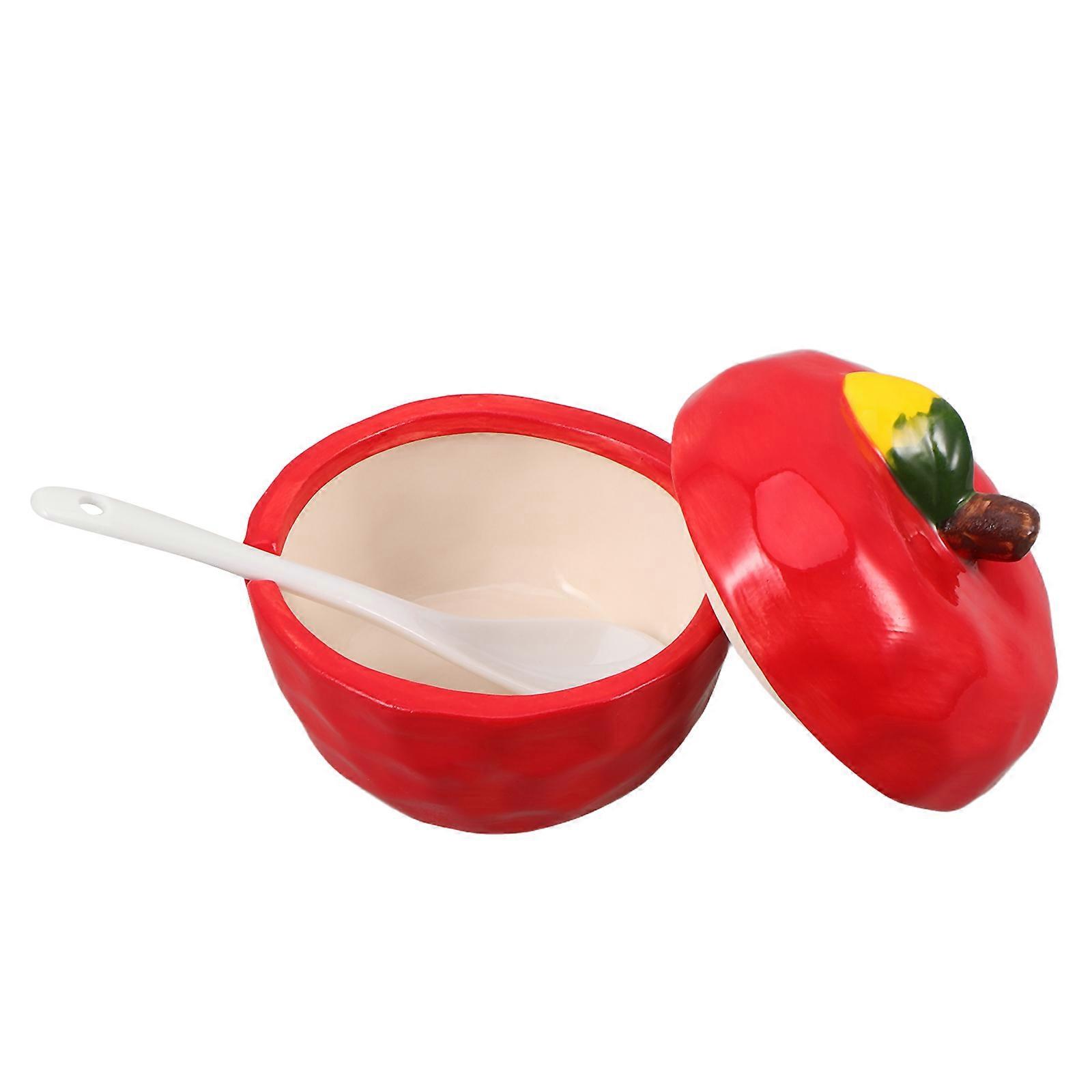 Kitchen Spice Jars With Lid For Households Red Ceramic Salt Container With Spoon 1Pcs