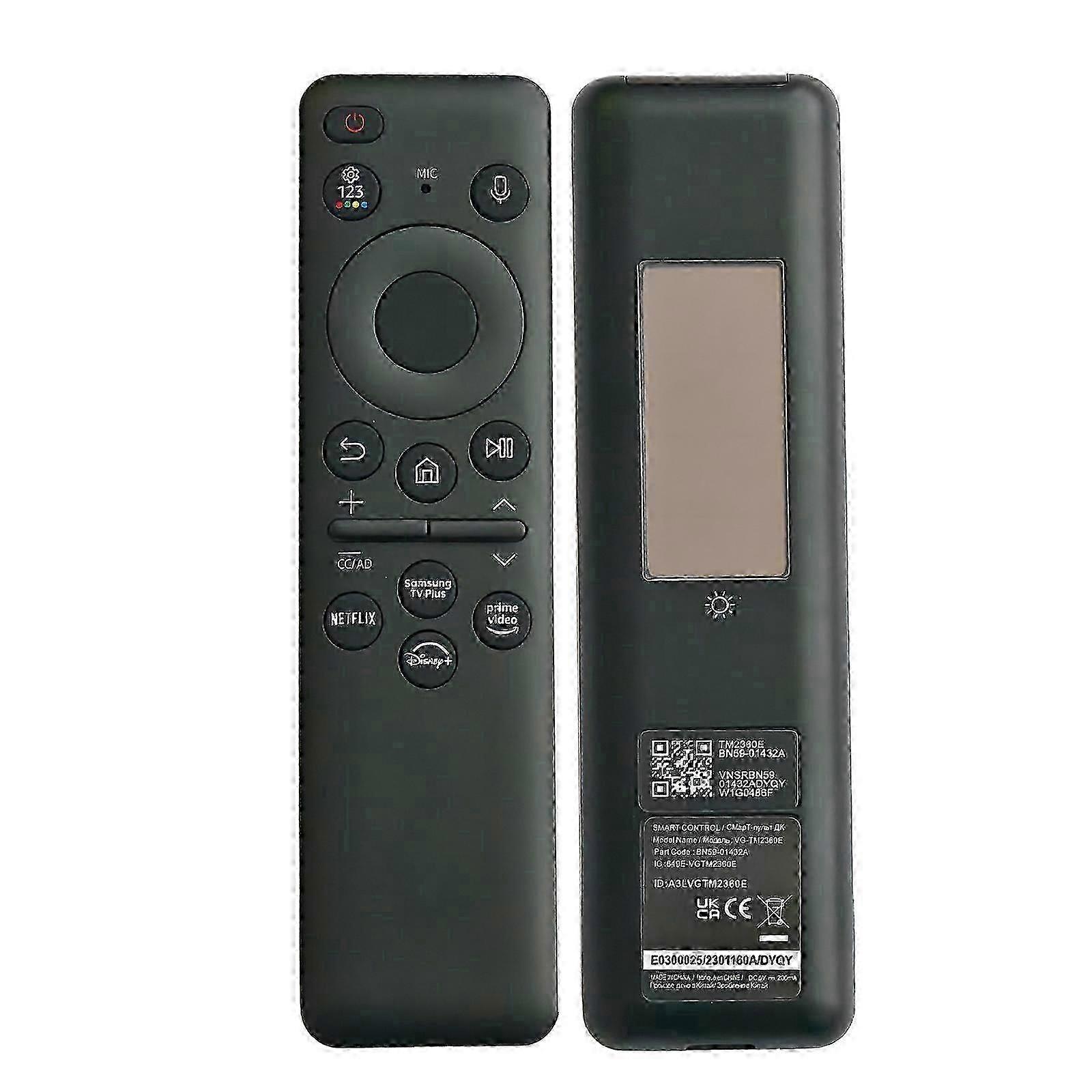 The 2023 Samsung Rechargeable Solar Cell Voice TV Remote (model TM2360E, part number BN59-01432A).