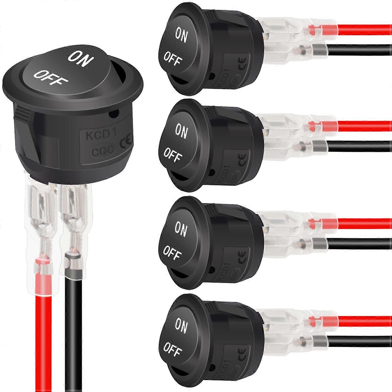 5Pcs 12V Round Rocker Switch SPST 2Position On/Off, 6A@250V / 10A@125V, Black With Wires