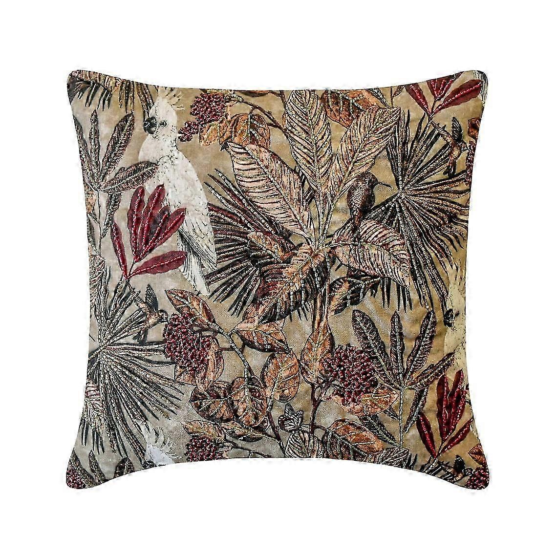 Cotton Bird Embroidery Pillow Cover 14x14in Handmade Floral Design