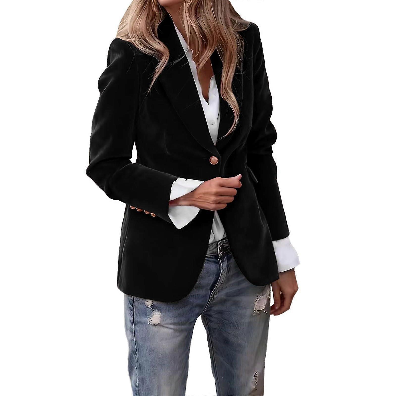 Completo da donna in flanella, casual, con maniche lunghe e apertura frontale, completo da lavoro, cappotto nero L