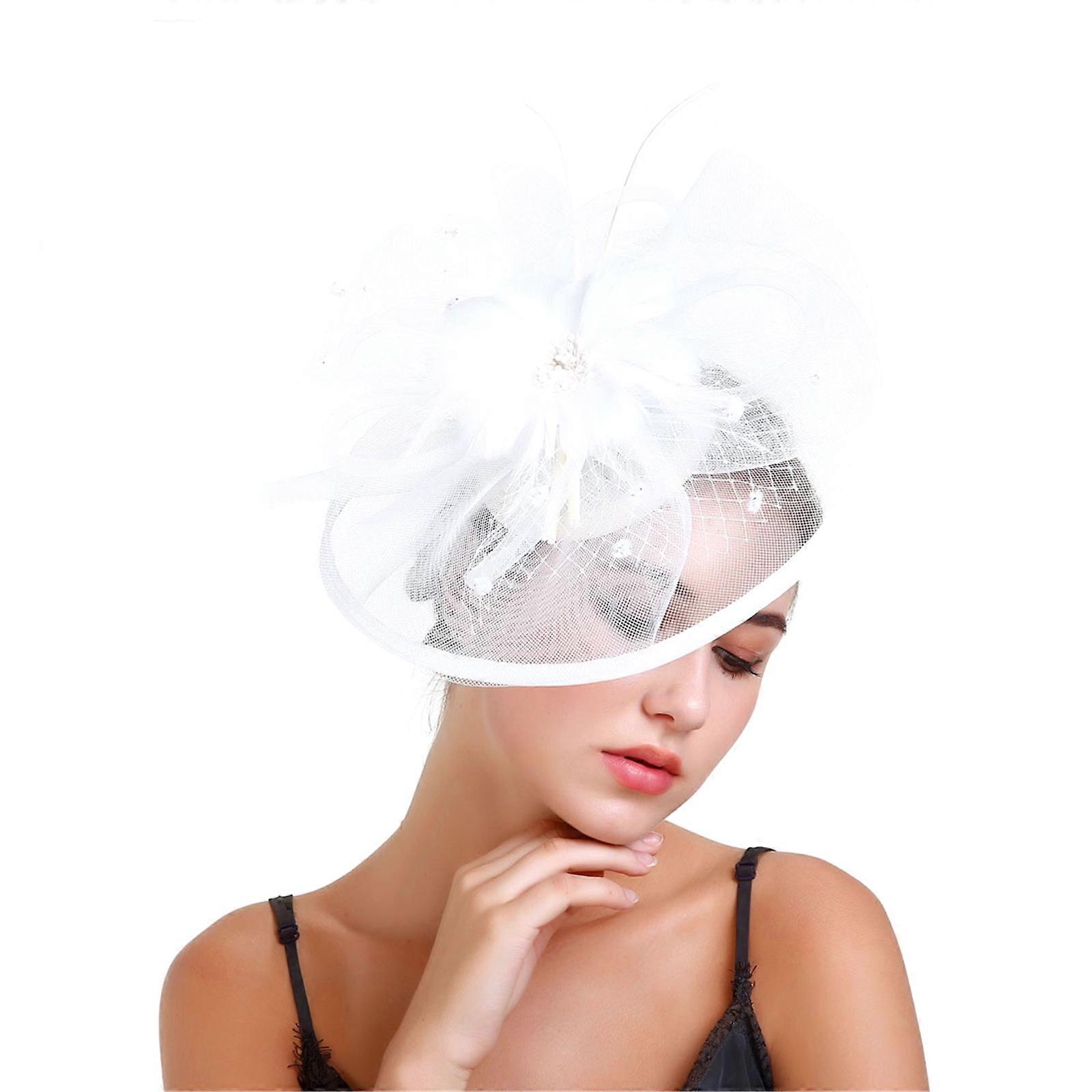 Stylish Feather Embellished Mesh Veil Hat Multiple Color Option Costume Fascinator For Fashionable Outfit Pairing  White