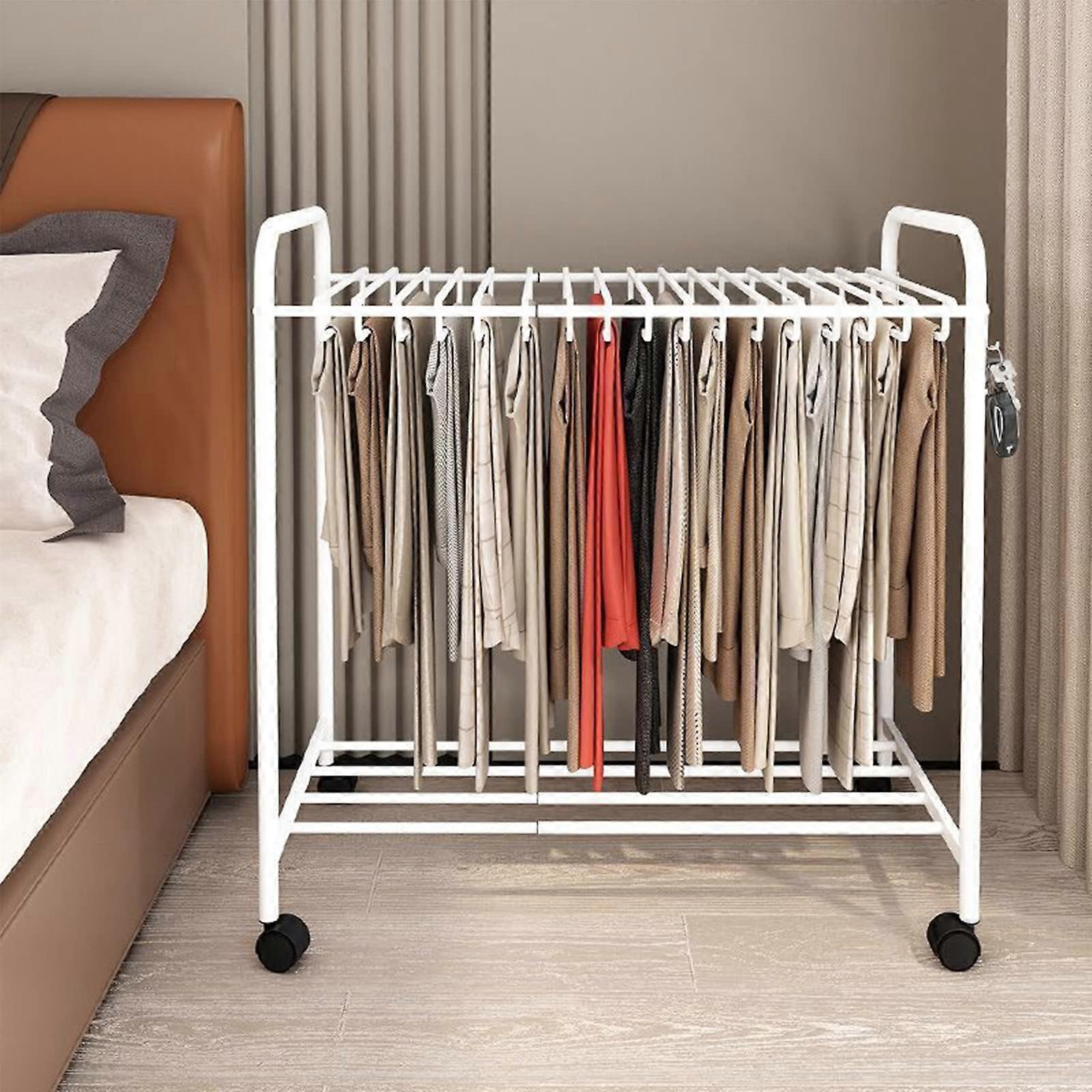Telescopic Pants Rack with 30 Hangers and Wheels for Closet Organization, Space Saving White Trouser Stand