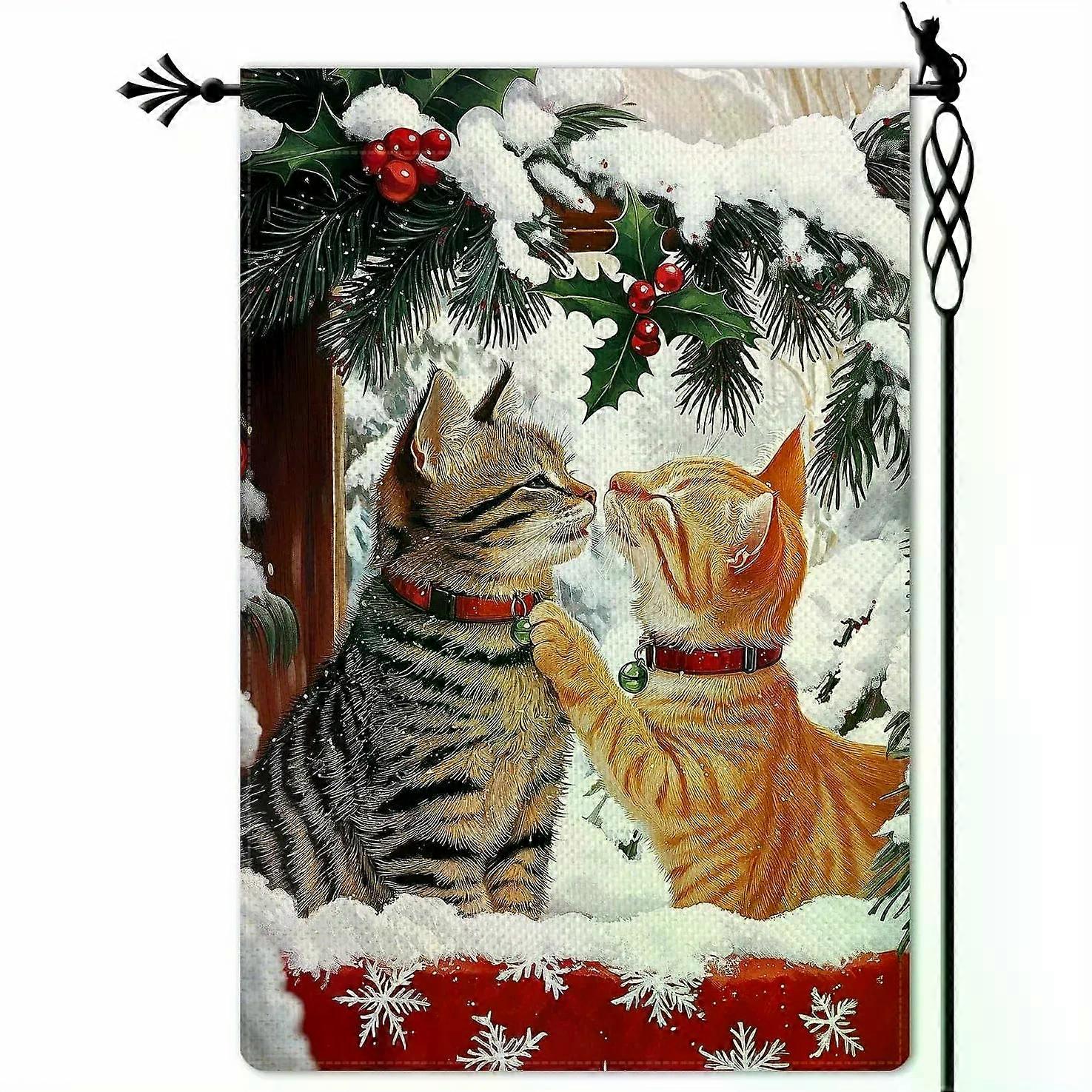 Bandeira de jardim dupla face "Olá Inverno" com gatinhos fofos e tema de neve, com azevinho e adoráveis gatinhos, 30x45 cm (12x18 polegadas).