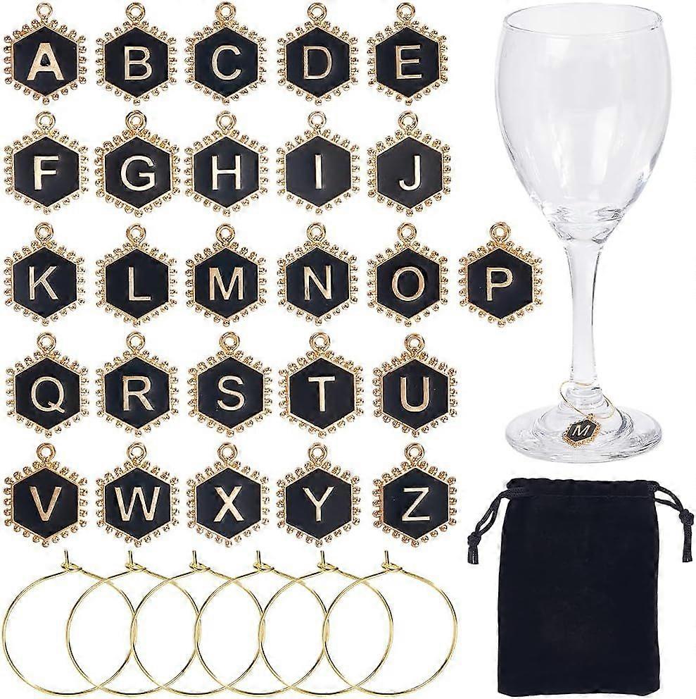 1 Box 26 Set 26 Styles Letter Wine Charm Alphabet Drink Charms Gold Alloy Enamel Black A to Z Initial Identifier Tags Brass Rings with Velvet Bags for