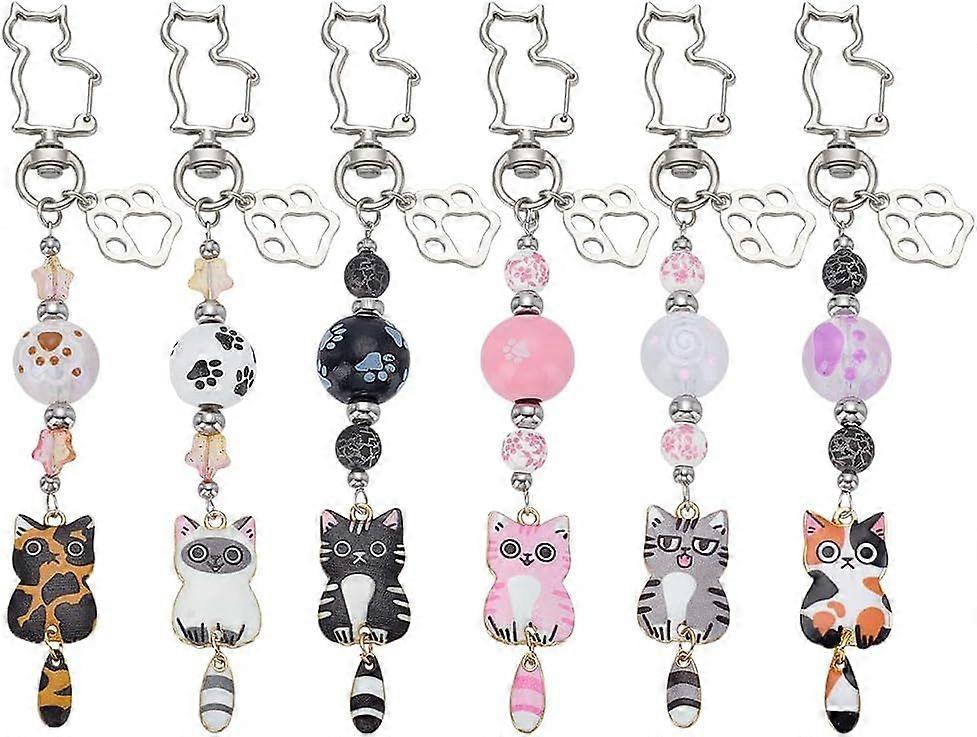 6Pcs Cute Alloy Enamel Cat Keychain 6 Styles Women Keychain Cat Key Chain Small Bag Charm Accessory with Glass Pendant Alloy Swivel Clasps for Women C
