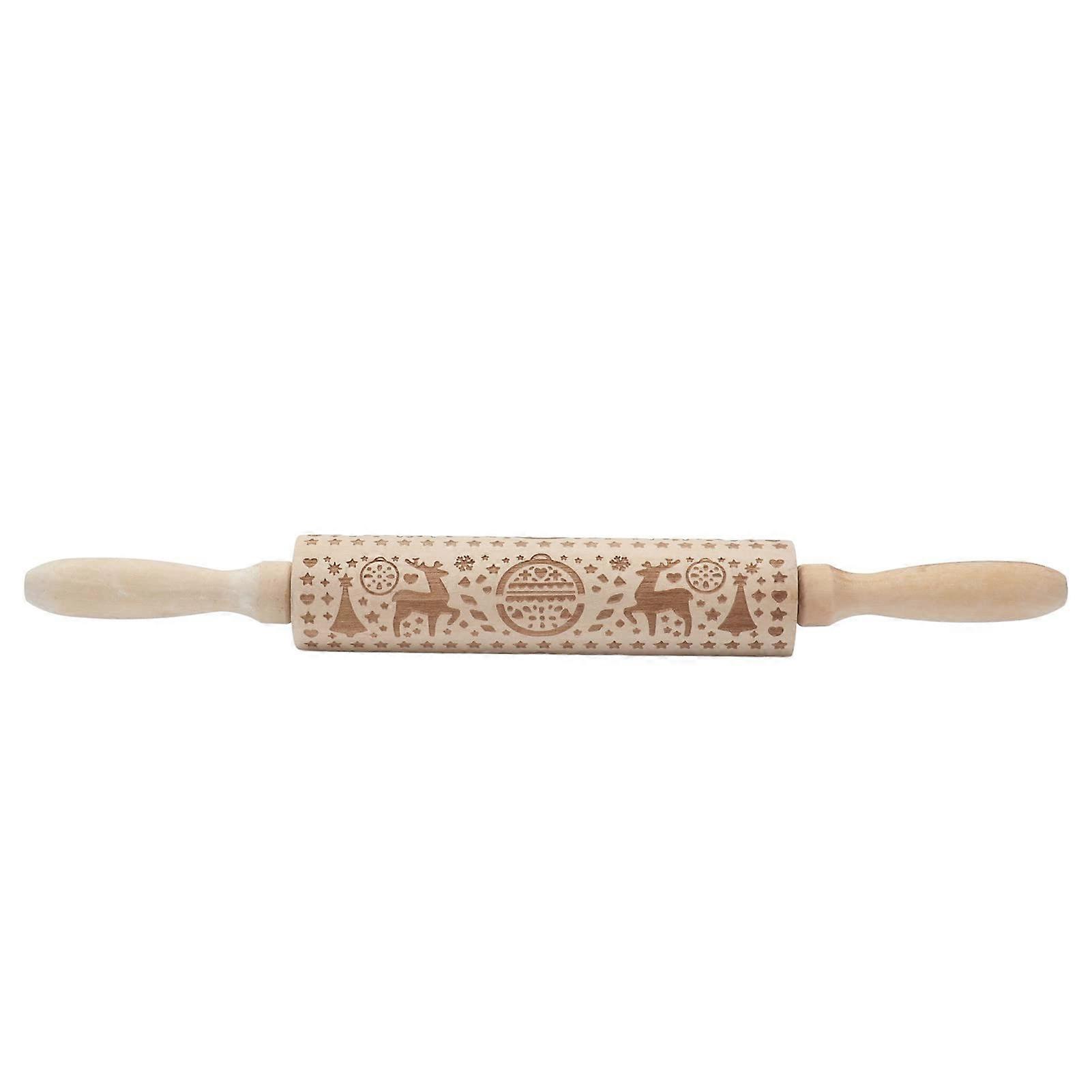 Christmas Rolling Pin with Festive Reindeer Pattern, Embossed Wooden Design for Holiday Cookie Baking