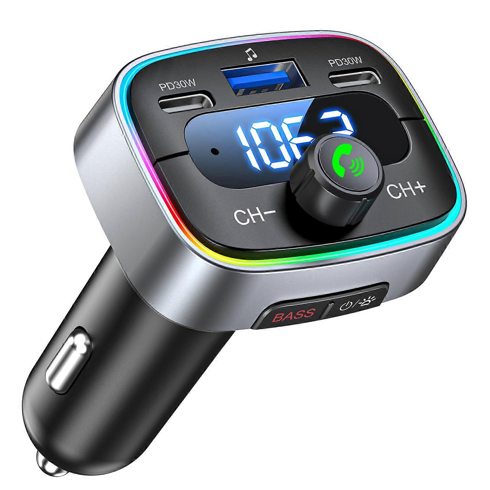 Bluetooth FM Transmitter for Car Bluetooth 5.4 HiFi Bass Boost 60W Fast Charging Handsfree Calling 7Color LED