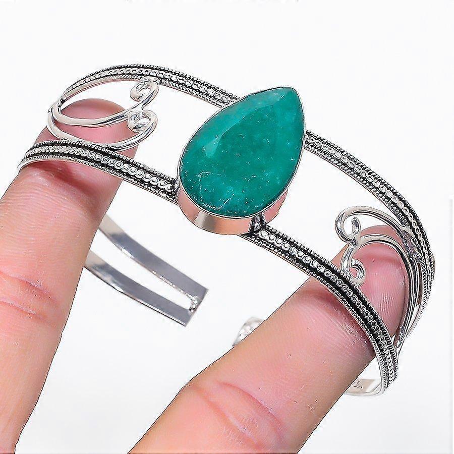 Emerald(Simulated) Gemstone 925 Sterling Silver Cuff Bangle Adjustable