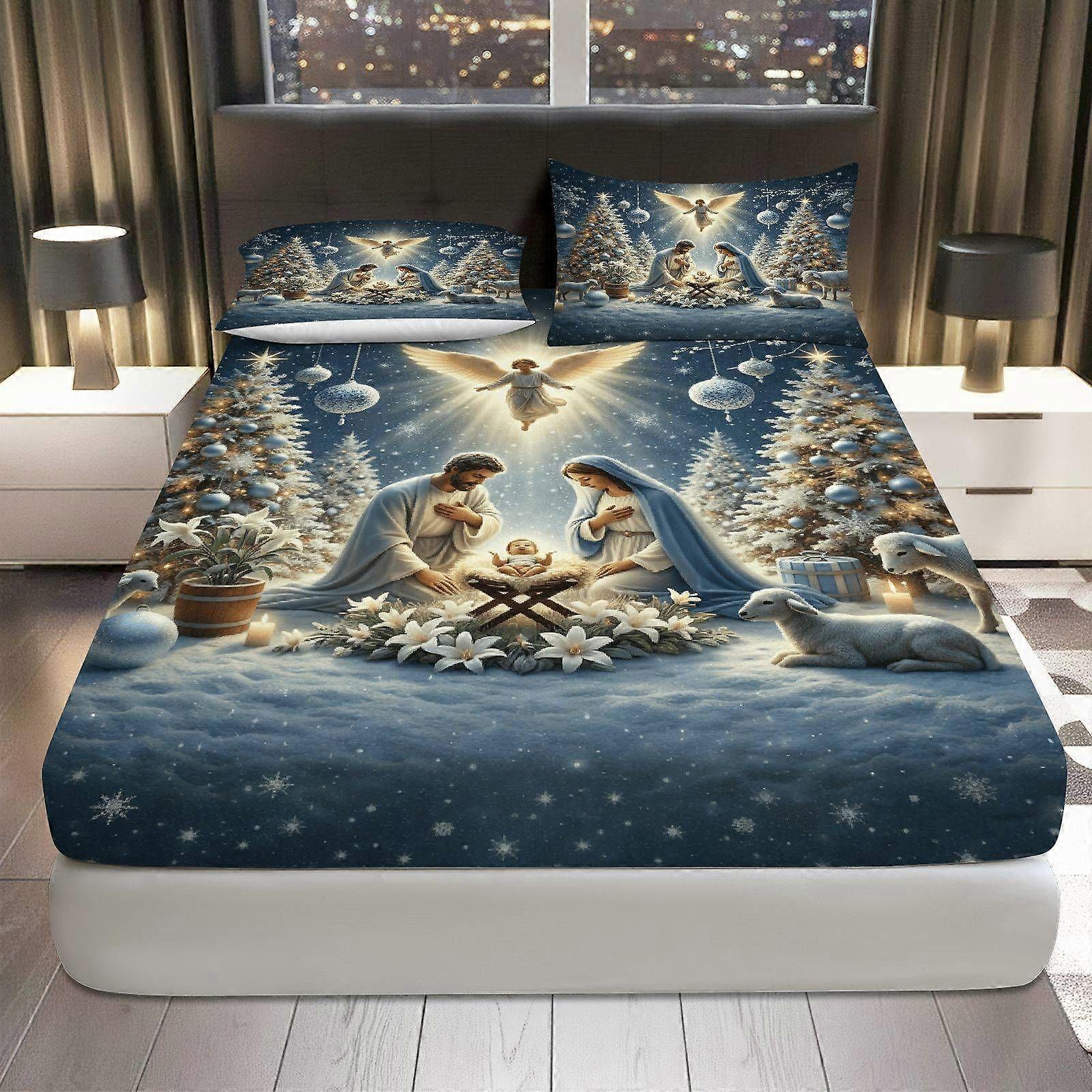 3pcs Nativity Scene Christmas Night Fitted Sheet Three Piece Set