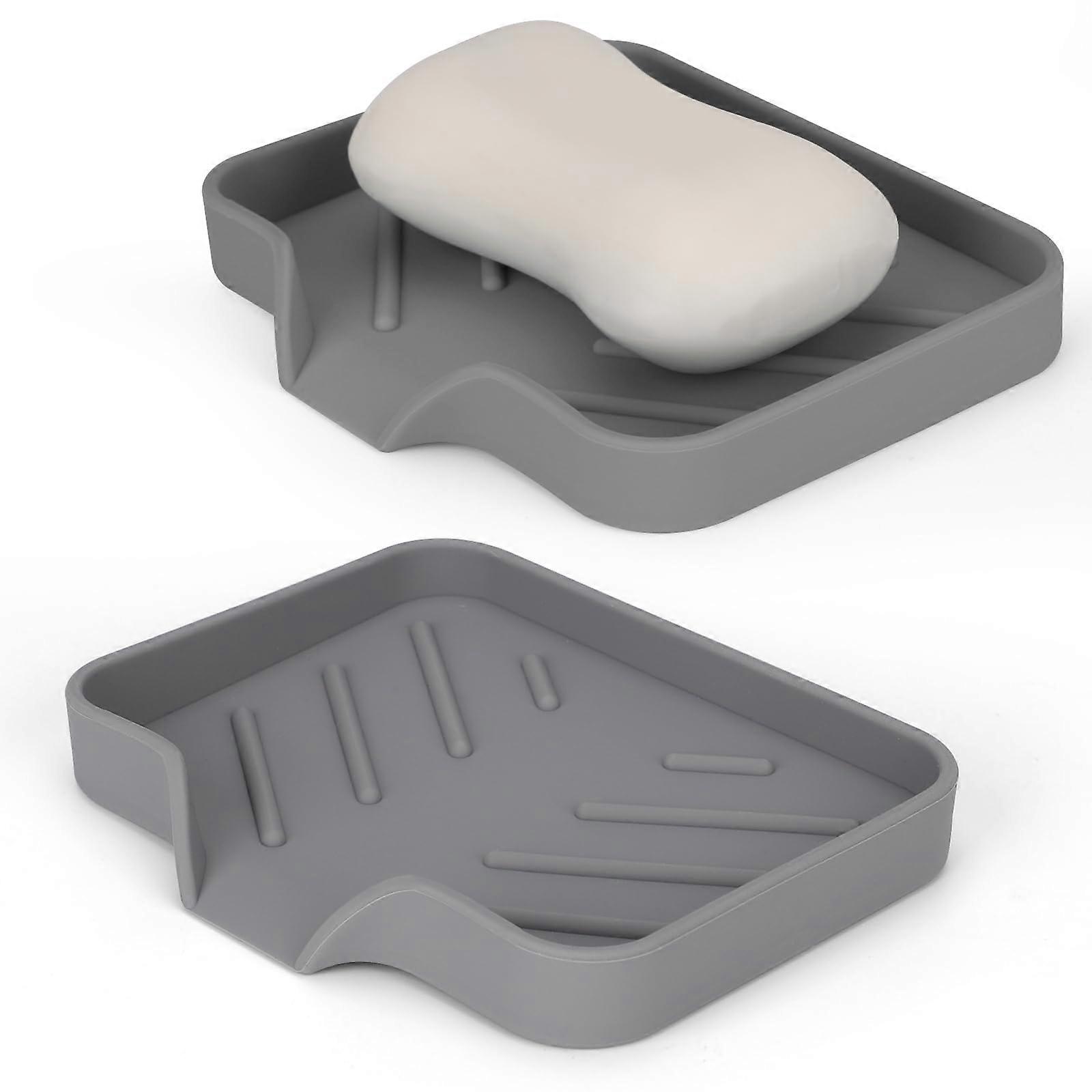 Silicone Soap Dish 2 Pack with SelfDraining NonSlip Base for Shower Kitchen Bathroom Sink, Gray