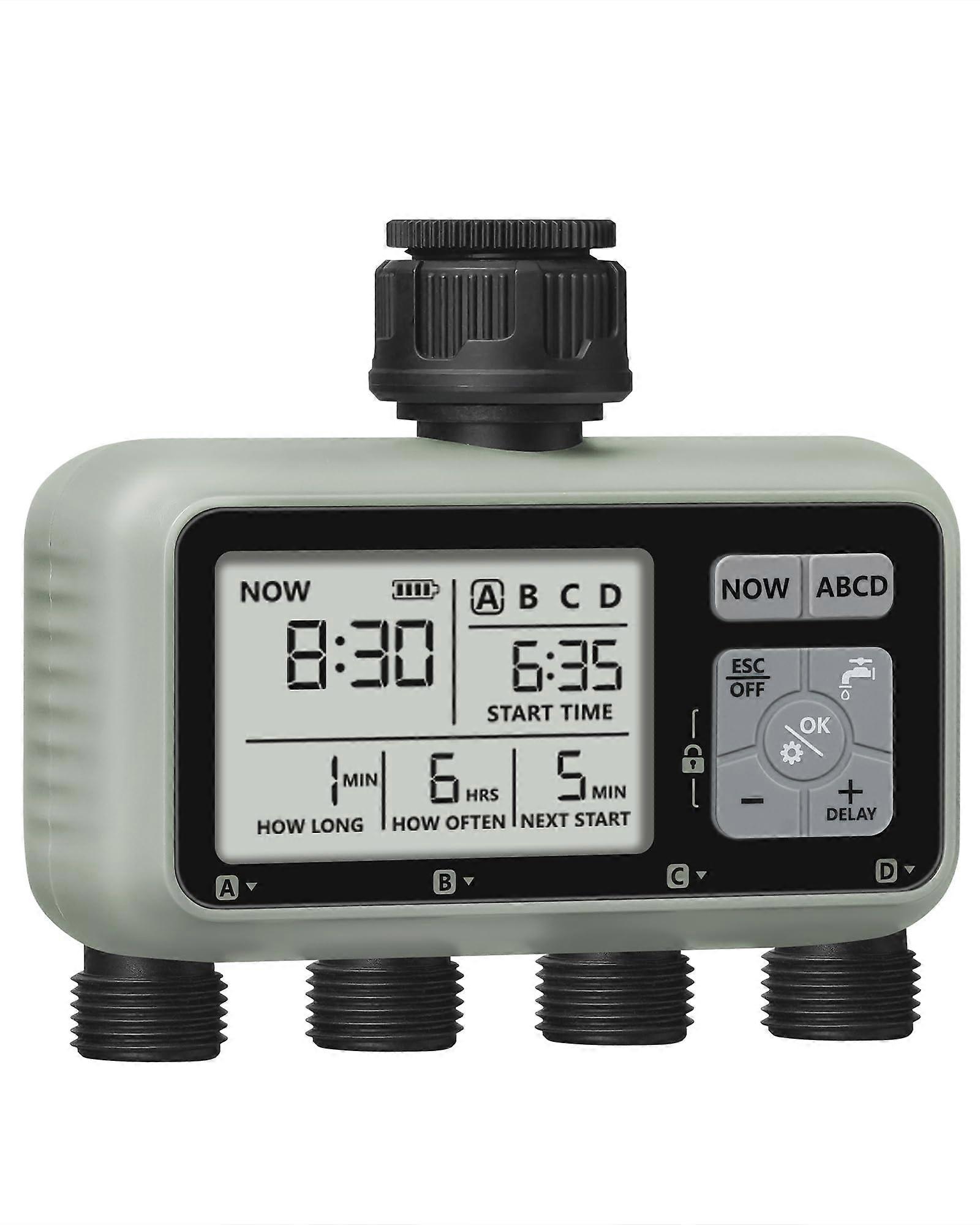 Garden Hose Timer 4 Zone Automatic Irrigation System with Rain Delay, Programmable Yard Watering