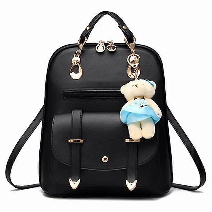 Women's PU Leather Teddy Bear Backpack - Black
