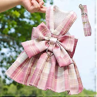 Dog Harness Dress with Leash Set, Princess Dog Dress for Small Dogs Girl, Plaid Bowknot Puppy Dresses with D Ring, Pet Clothes Doggie Outfits Cat Appa
