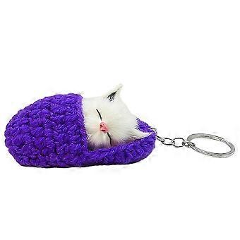 Porte-clés chaton endormi en peluche, chat en pantoufles violettes, 9 x 5 x 4 cm, imitation laine.