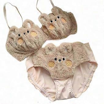 Women's 2Pcs furry Bra and Panty Set Big Eyes Bear Plush Lingerie Cartoon Bikini XLJJ