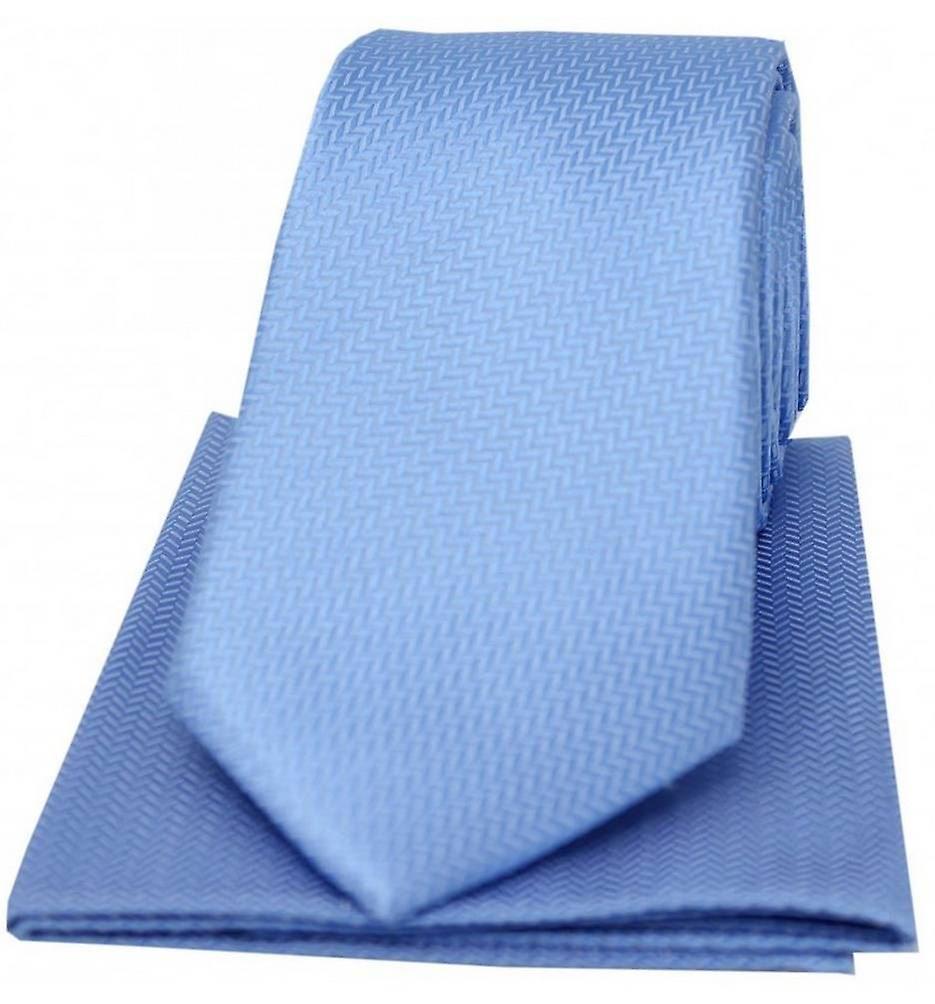 David Van Hagen Herringbone Silk Tie and Hanky Set - Sky Blue