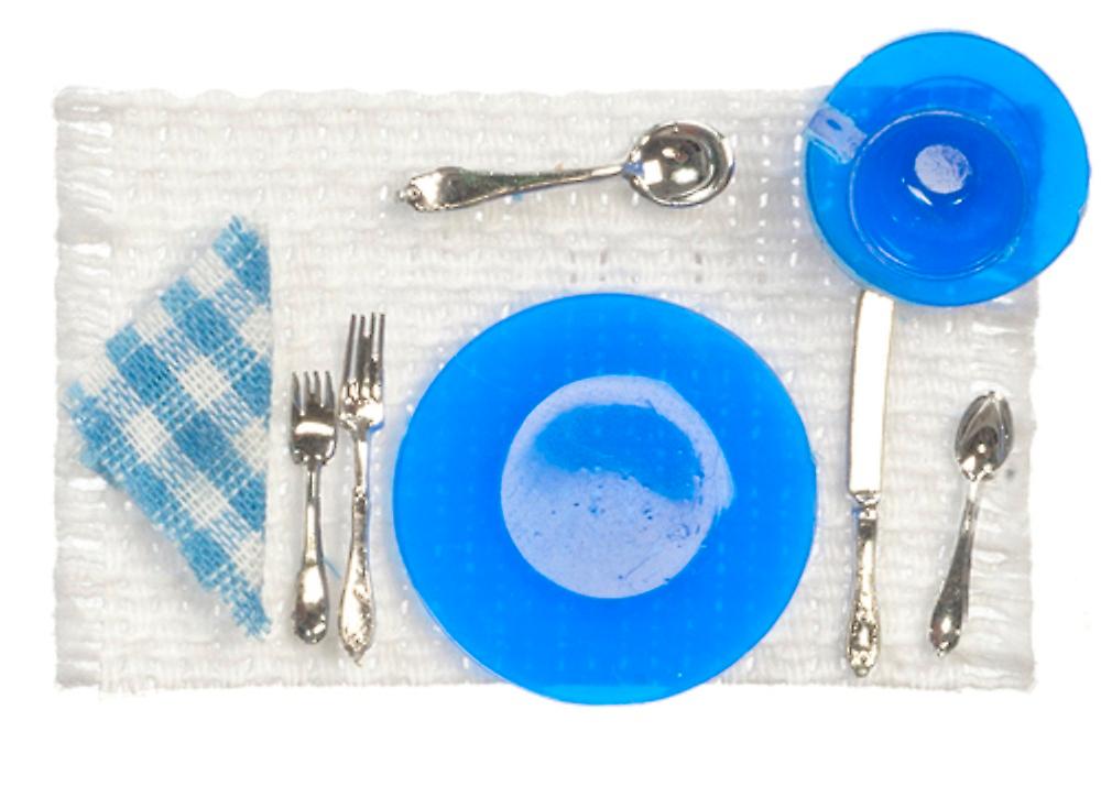 Dolls House Chrysnbon Blue Place Setting On Table Mat Dining Room Accessory