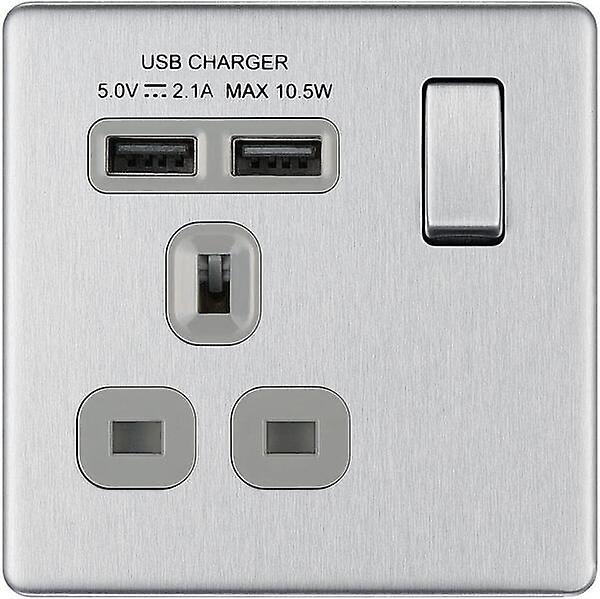 BG Electrical 2.1 A Masterplug Single Socket with 2 x USB Brushed Steel FBS21U2G