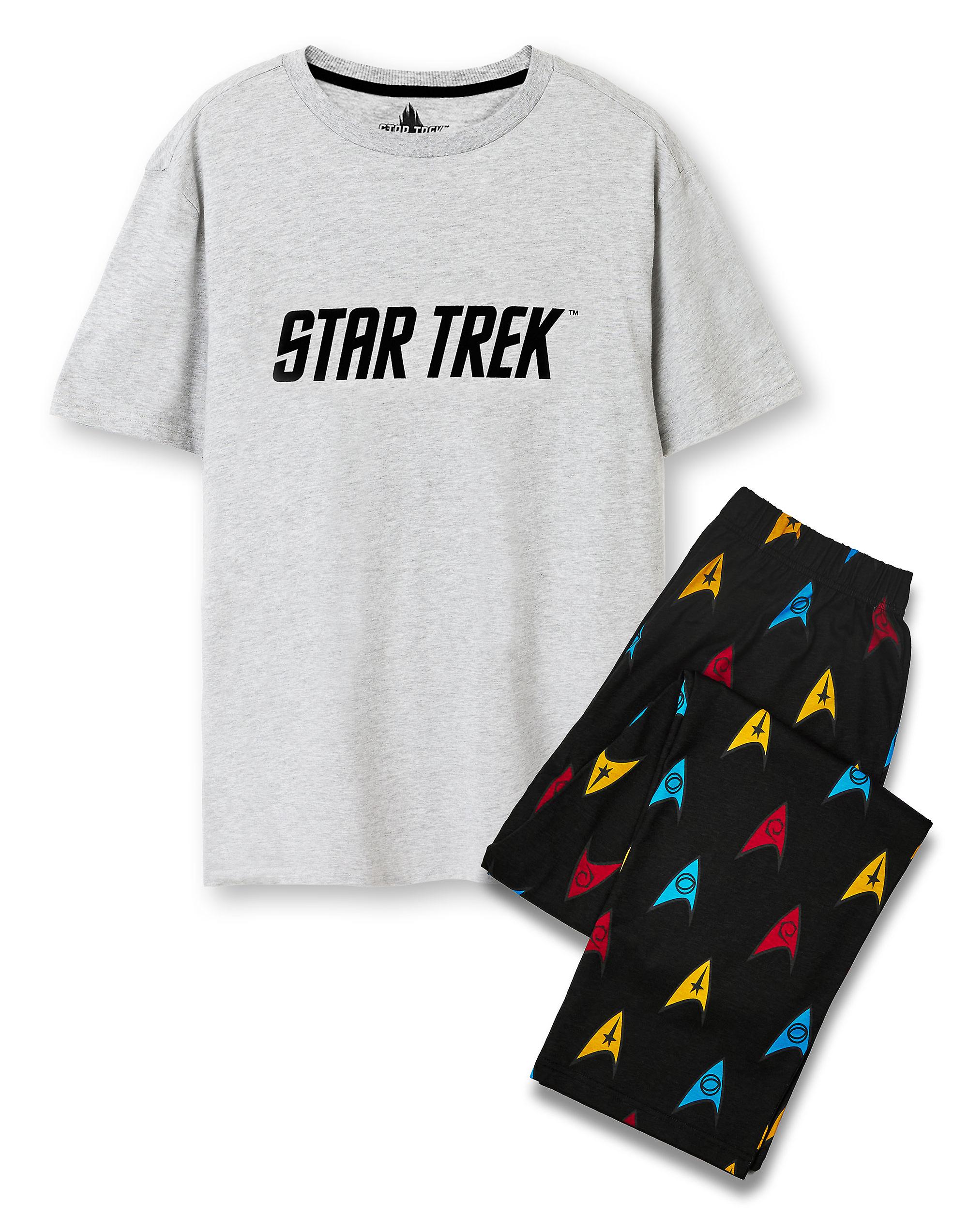 Star Trek Mens Short Sleeve Long Leg Pyjama Set Black Logo Top All Over Print Bottom