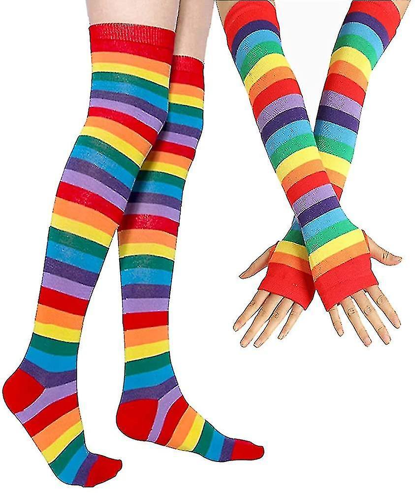 Over Knee Rainbow Thigh High Socks Gloves Set Cosplay Arm Leg Warmer