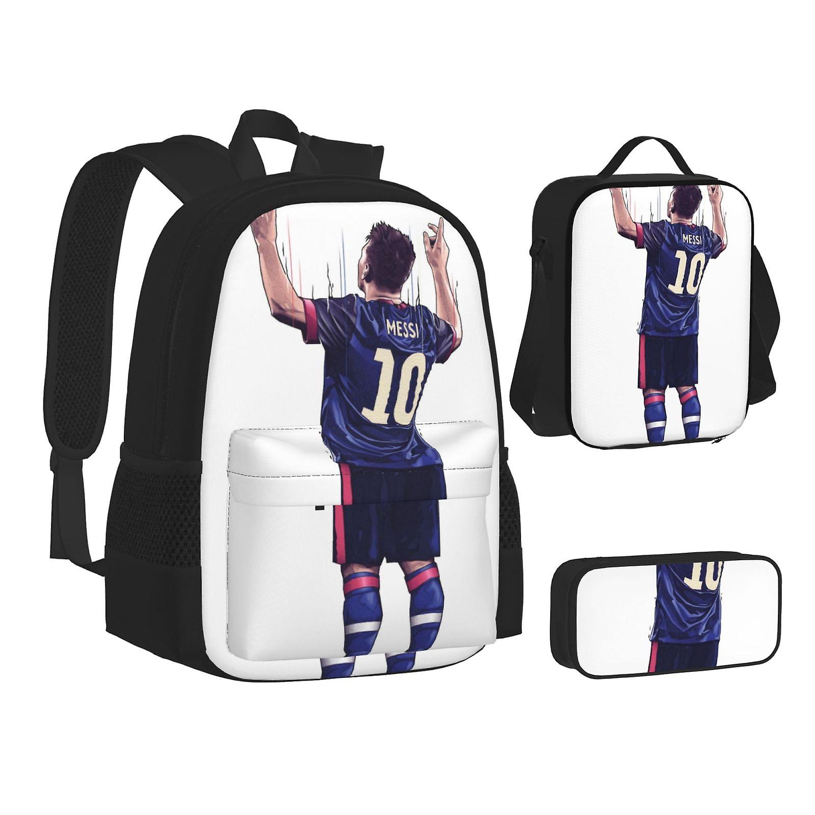 نجم كرة القدم ليونيل ميسي الكرتون 3 قطع حقيبة ظهر المدرسة خفيفة الوزن حقيبة كتب مدرسية لانش بوكس قلم رصاص حقيبة نهارية كبيرة