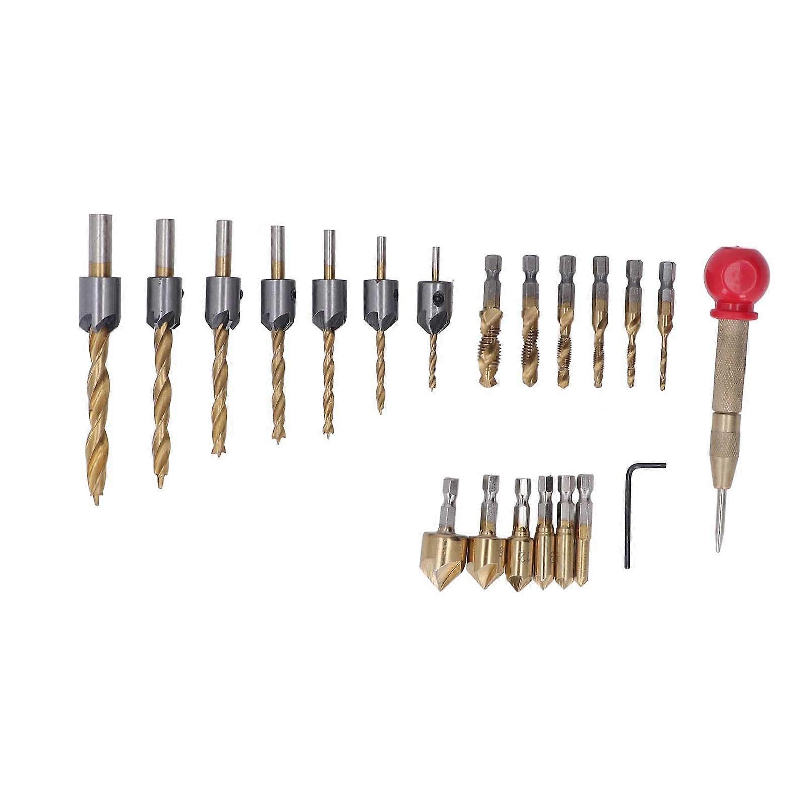 20Pcs Gold Titanium Plating Countersink Chamfer Drill Bit Set Drill Tap Bit Hex Wrench Center Punch Kit