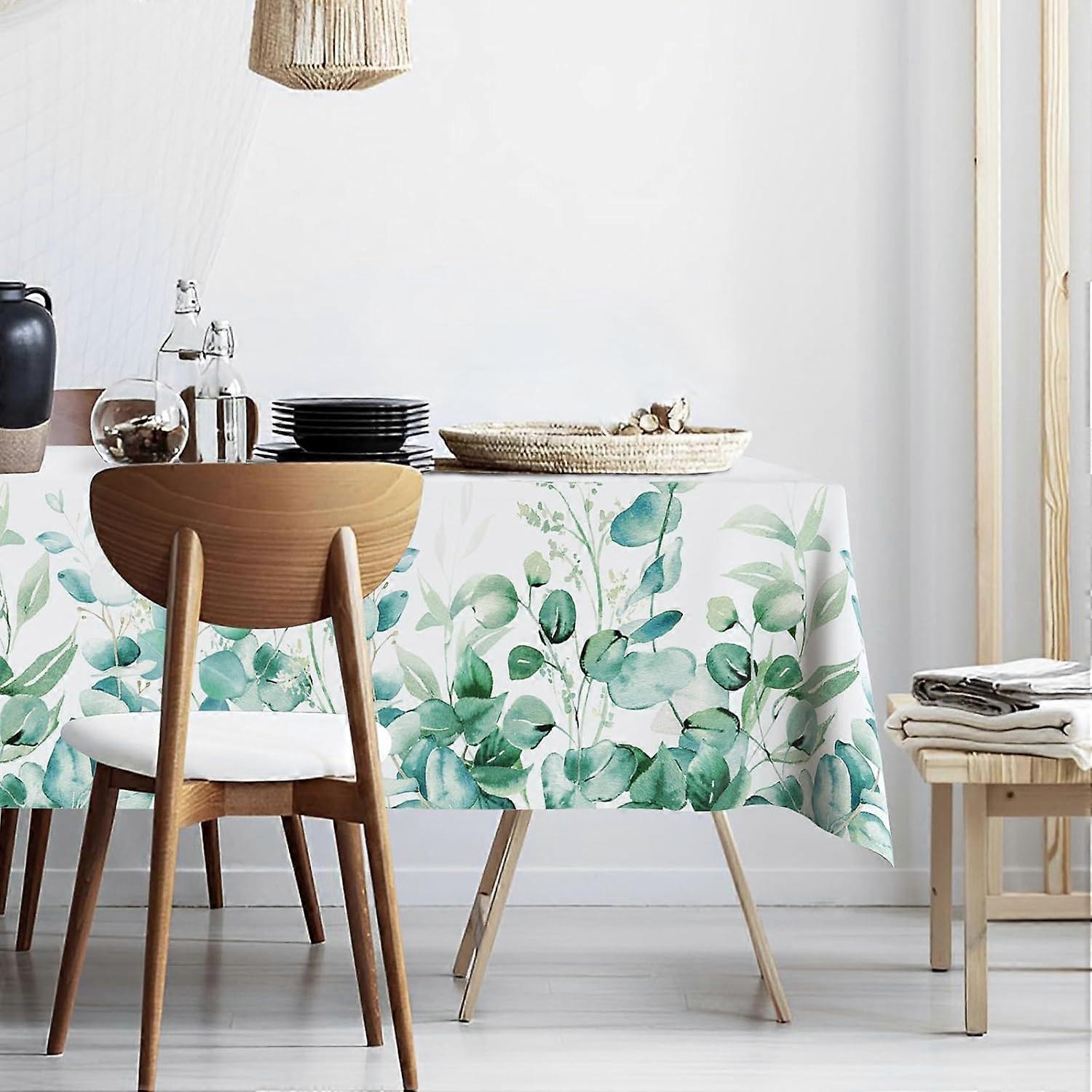 Teal Eucalyptus Leaves Fabric Waterproof Tablecloth,Rectangle Watercolor Wrinkle Oil-Proof Resistant Table Cover for Dining Table, Buffet Parties and
