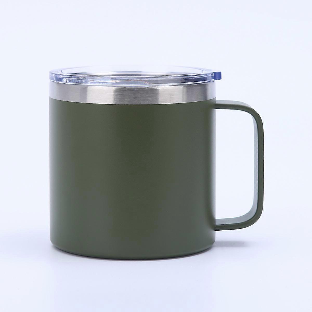 良い14オンスボリューム304ステンレス鋼ハンドルカップ蓋付きワイングラスタンブラーマグカップ水、ミルク、ジュース、紅茶、コーヒー、ビール、シャンパン(アーミーグリーン)