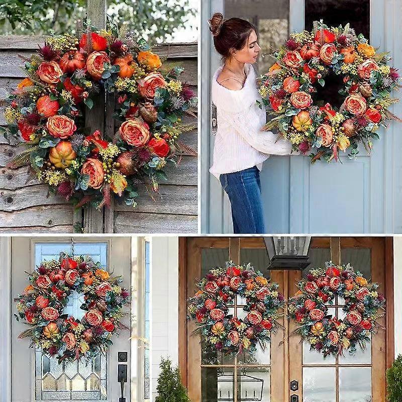 Artificial Fall Wreaths For Front Door Rustic Autumn Wreath With Pumpkin Rose,100% New
