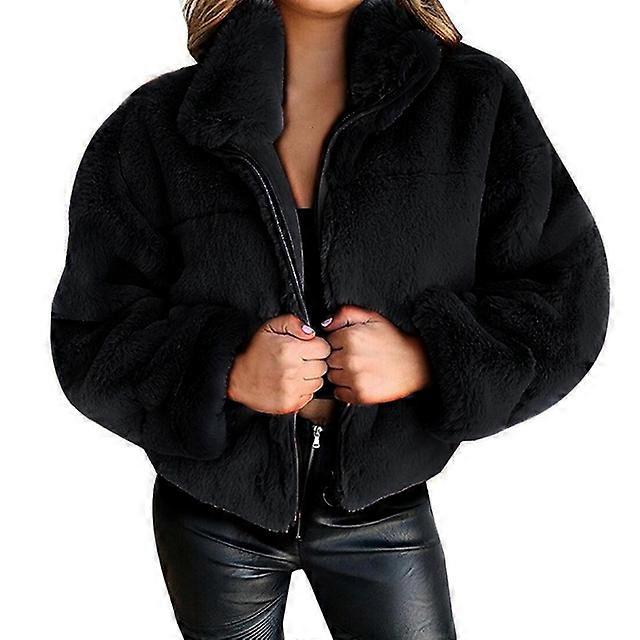 Jocoo Jolee Elegant Plush Crop Jacket Women Casual Faux Fur Coat Winter Tuerleneck Zipper Thicken Warm Outwear Vintage Cardigan