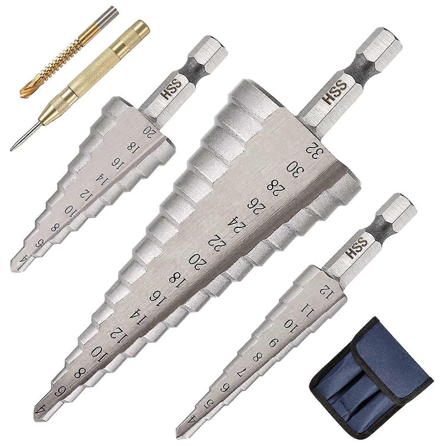 Step Drill Bit, 3PCS(4-12/20/32mm)Double Slotted Tapered Step Drill Bit with HSS Titanium Coating,Auto Center Punch and Twist Drill Bit Included