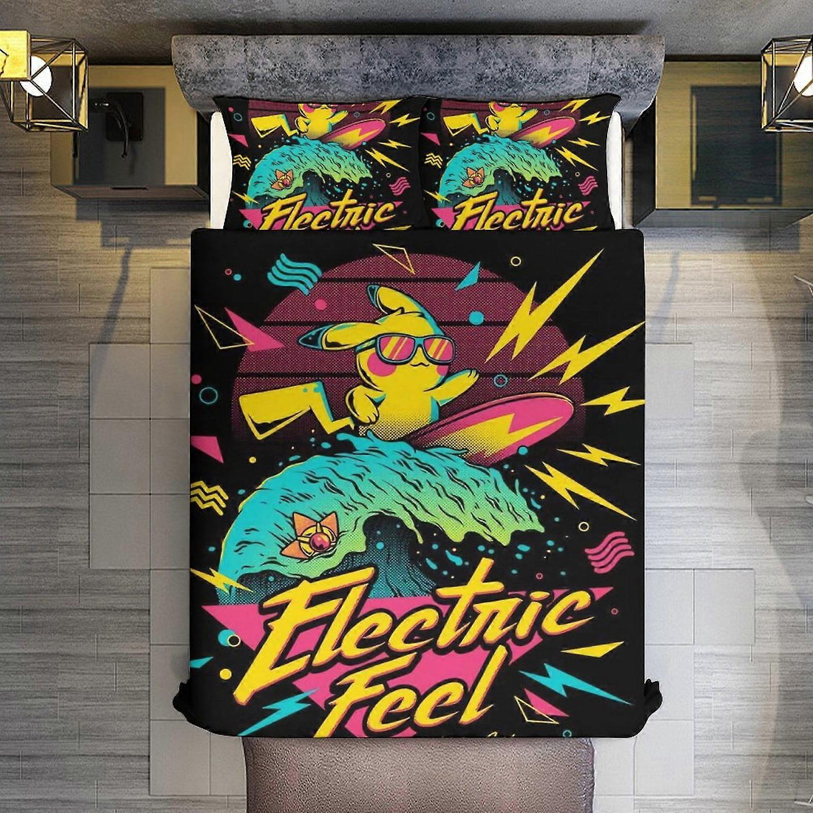 Lençóis de Cama v50 Pikachu 3 Peças Conjuntos Tamanho Completo/Queen Size - Colchas de Microfibra Reversíveis com Fronhas Colcha Macia e Leve Edredom f