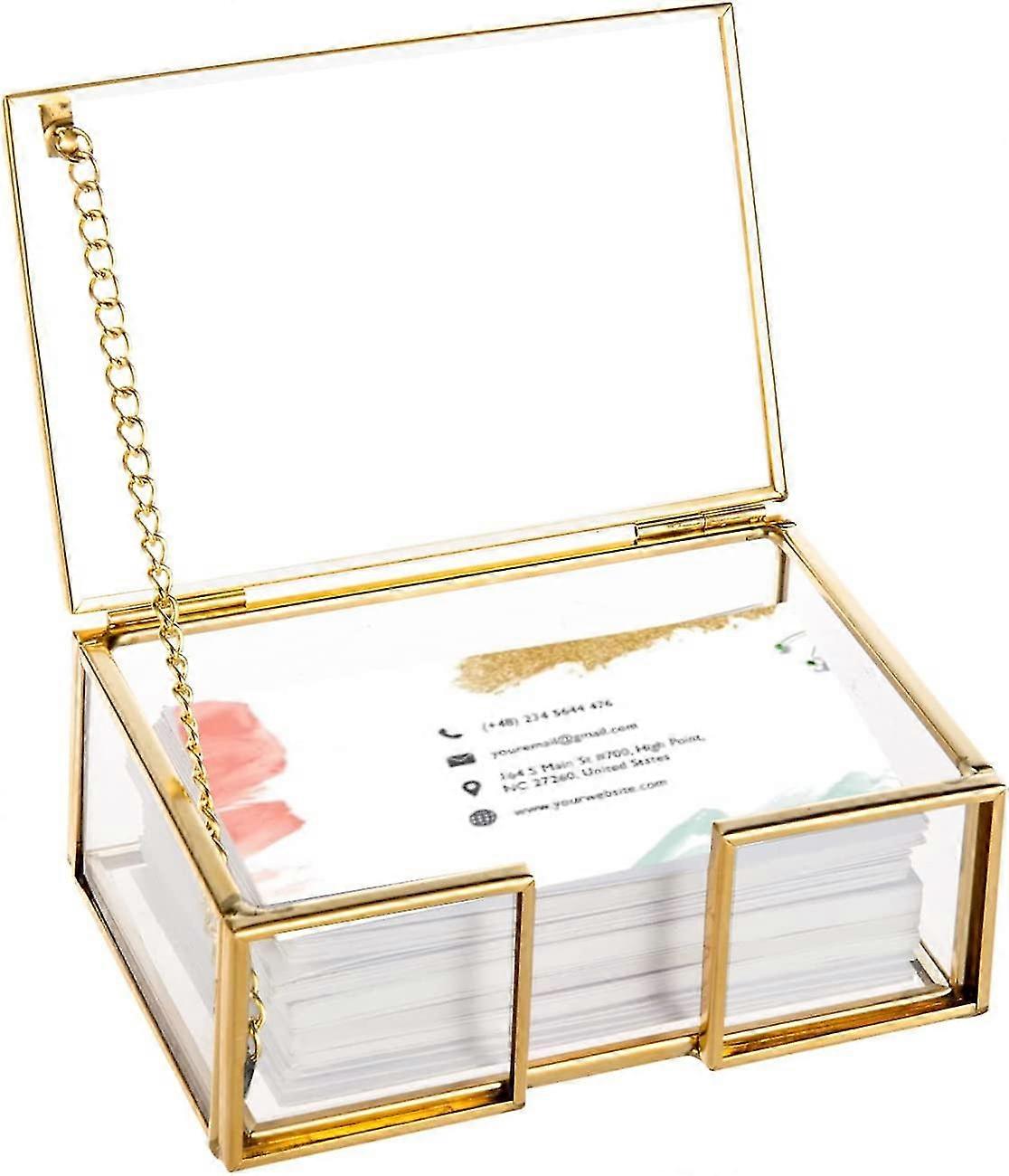Clear Gold Glass Business Card Box With Lid Name Card Display Business Card Organizer Container Collection Cards Box Storage For Office Desktop