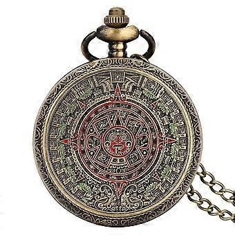 Mayan Aztec Calendar Art Prophecy Culture Relief Pattern Bronze Quartz Pocket Watch Necklace Fob Chain Vintage Stylish Clock