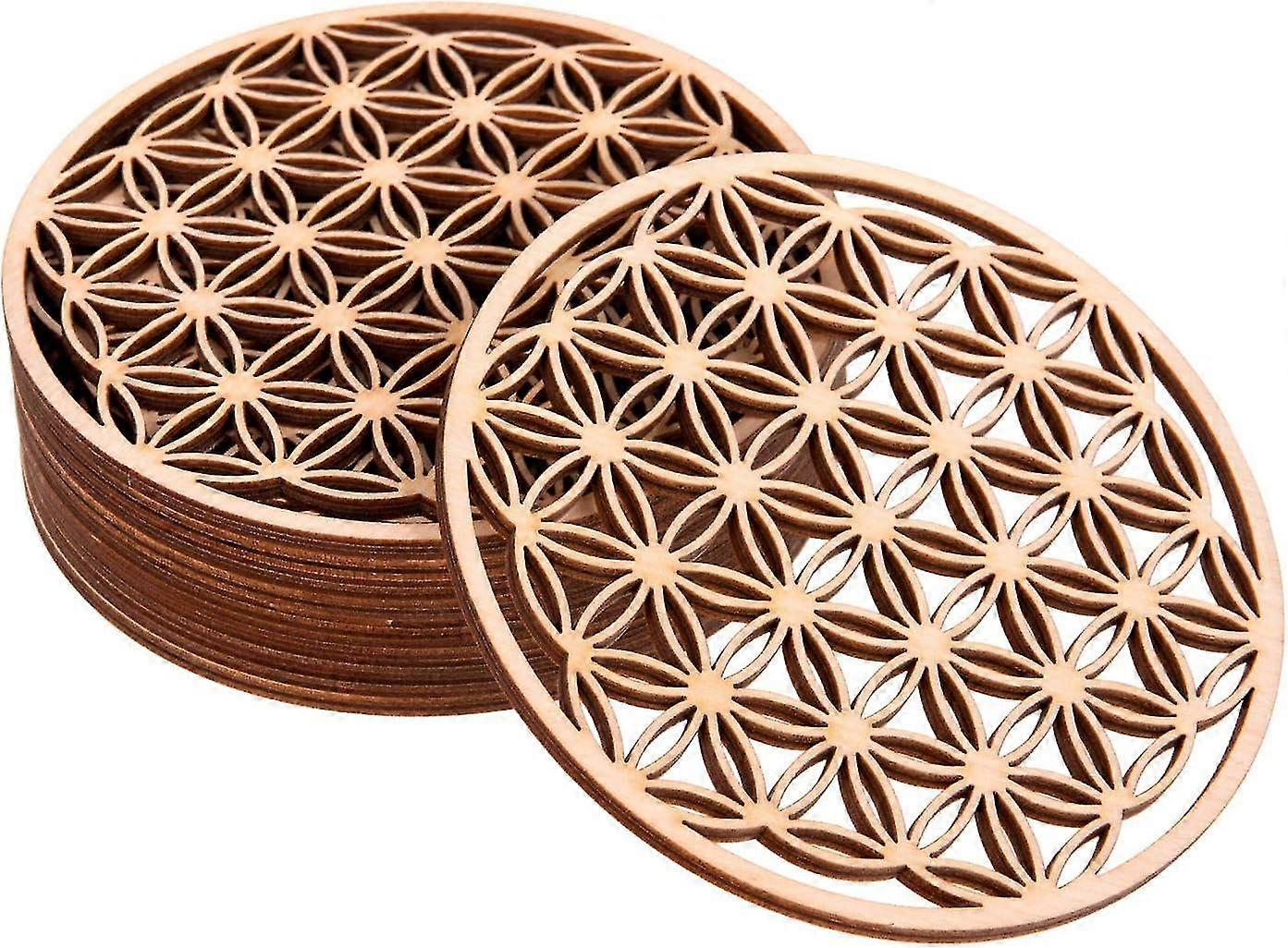 Birch Wood Coasters with Flower of Life Design - 10 Pieces, Size 10x10 cm. - Panel in wood under glass. A Perfect Decoration for Your Home, Bar (Flowe