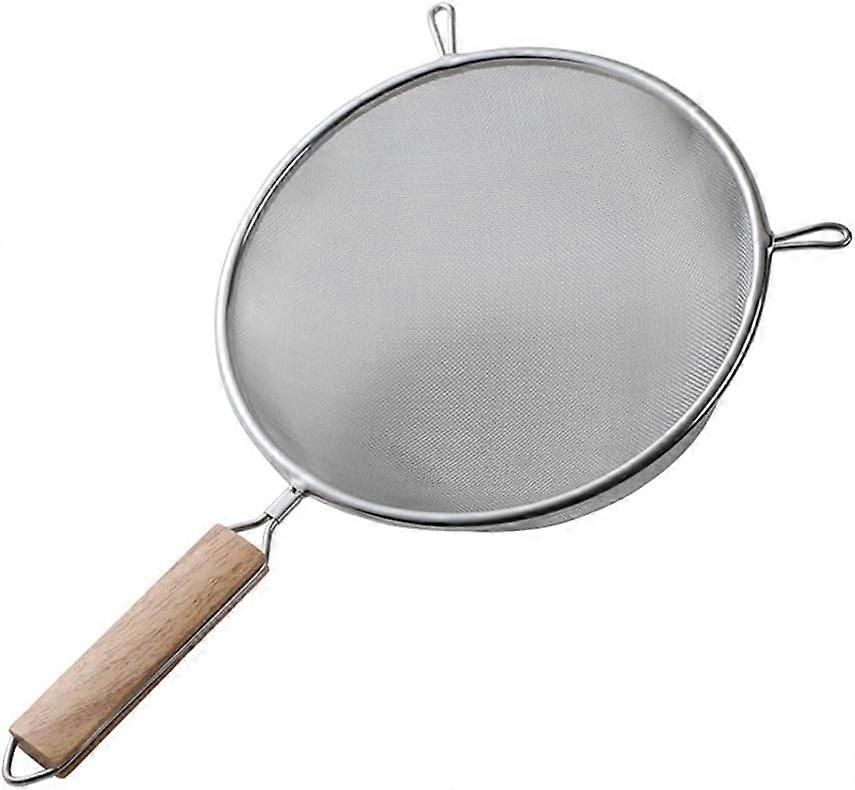 Sieve with wooden handle, stainless steel, 22 cm diameter.