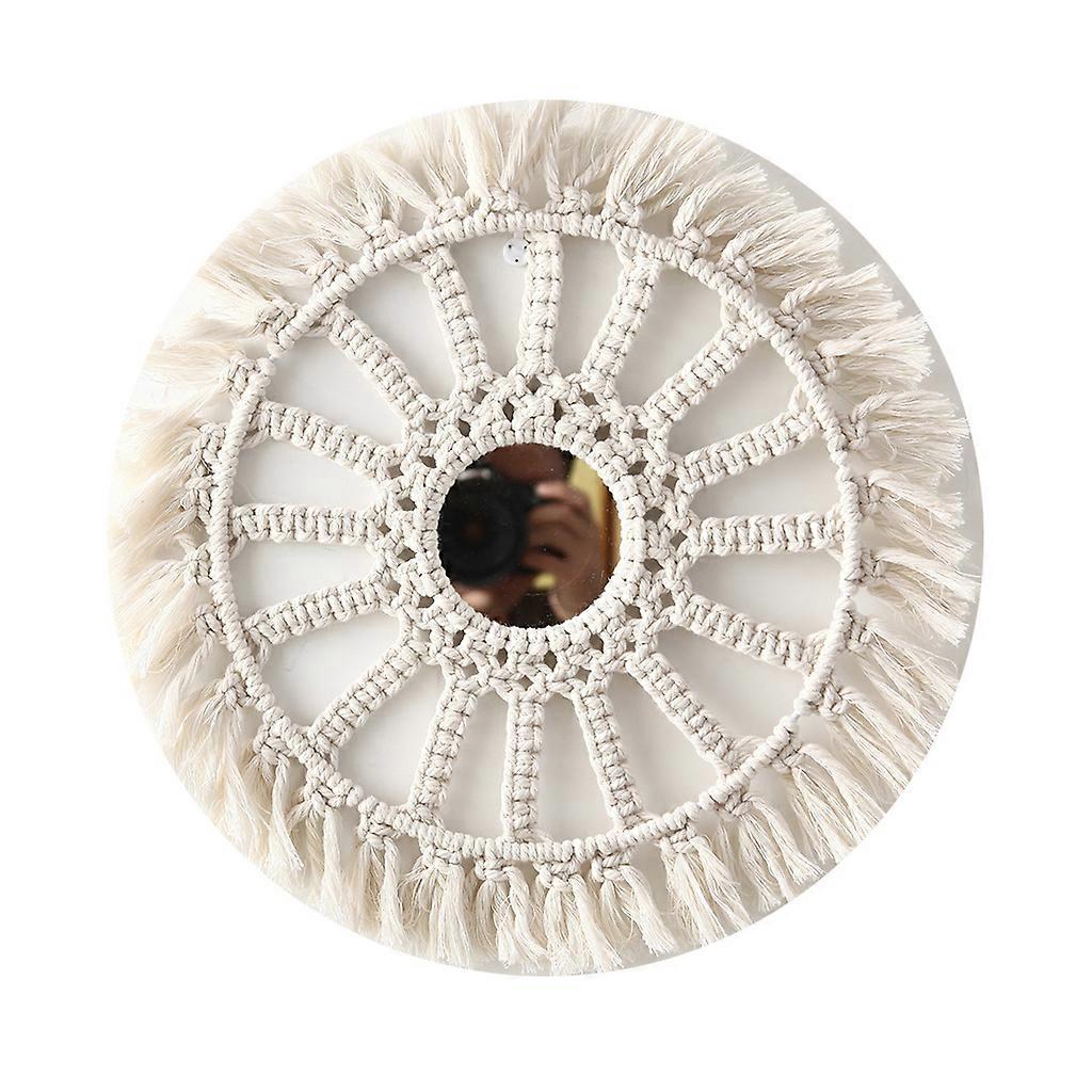 Hanging Wall Mirror with Macrame Fringe Round Boho Mirrors Art Decor for Entryways Apartment Living Room