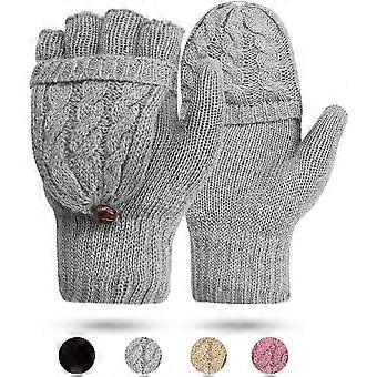 Women's Gloves Fingerless Mittens - Ladies Gloves Winter Warm Knit Fingerless Gloves Wool Mittens Flap Cover Texting GlovesGray