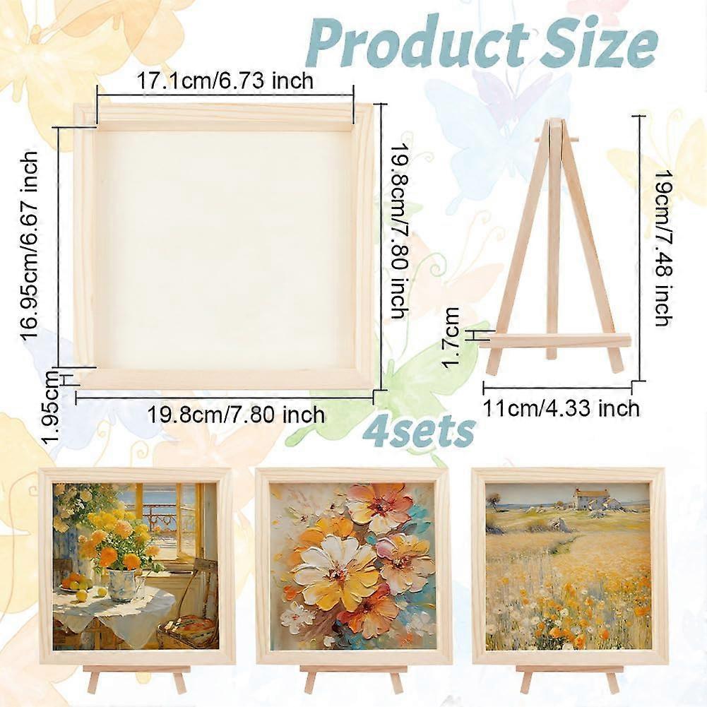 4pcs Unfinished Wooden Canvas Board with 4pcs Foldable Triangle Easel 8x8 Inch Wood Panel Boards Canvas Art Supplies Wood Picture Frame Easels Set for
