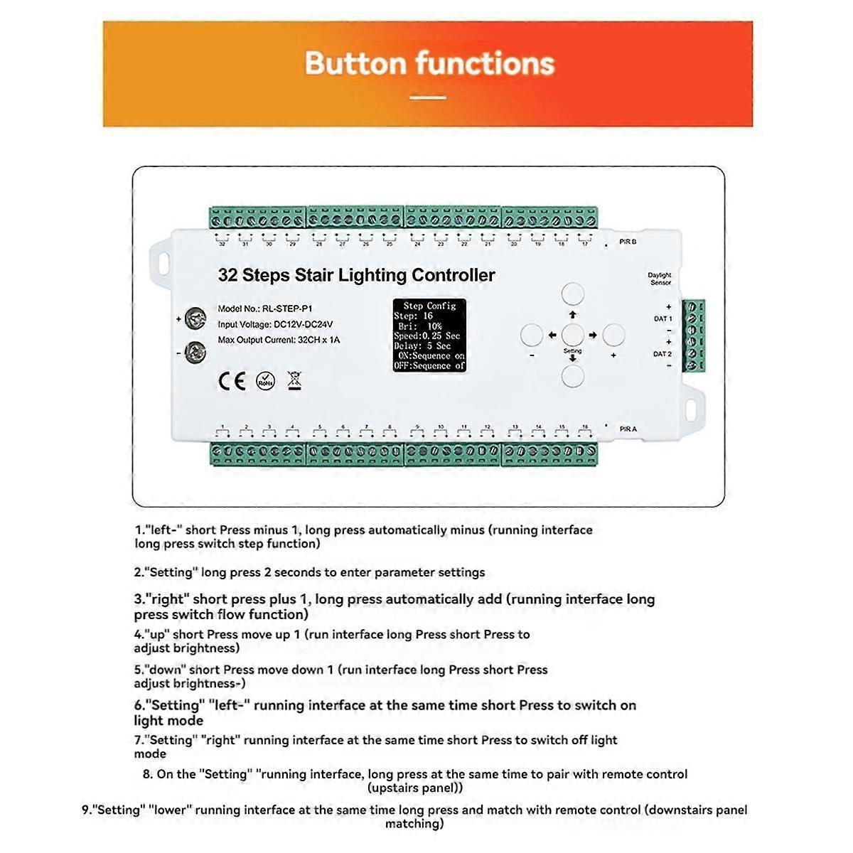Sensor Stair Controller 32 Steps 2-In-1 Tread Plus Running Water Light Sensor Panel Switch Human In