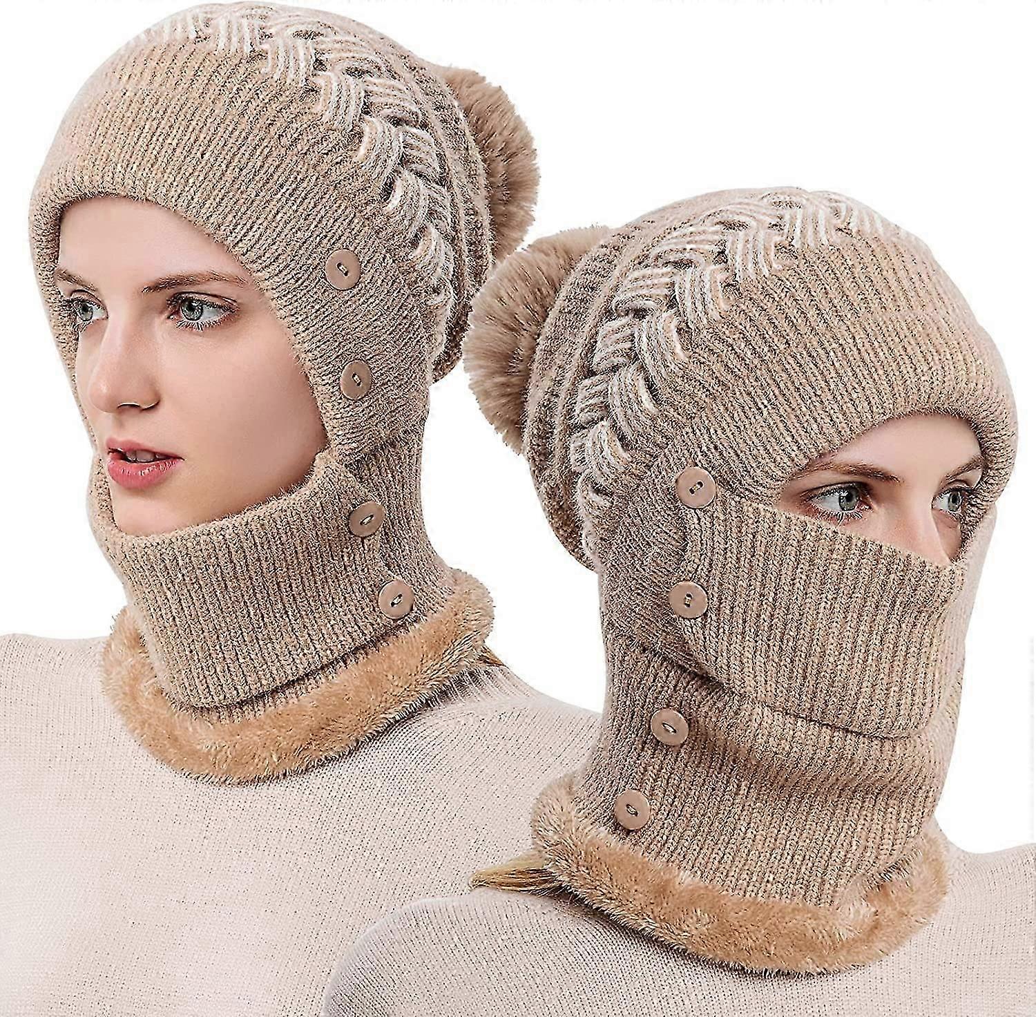 Kadın Kış Sıcak Örme Kap Şapka Boyun Isıtıcı Setleri, Çift Katmanlı Polar Astarlı Bere Şapka, Haki
