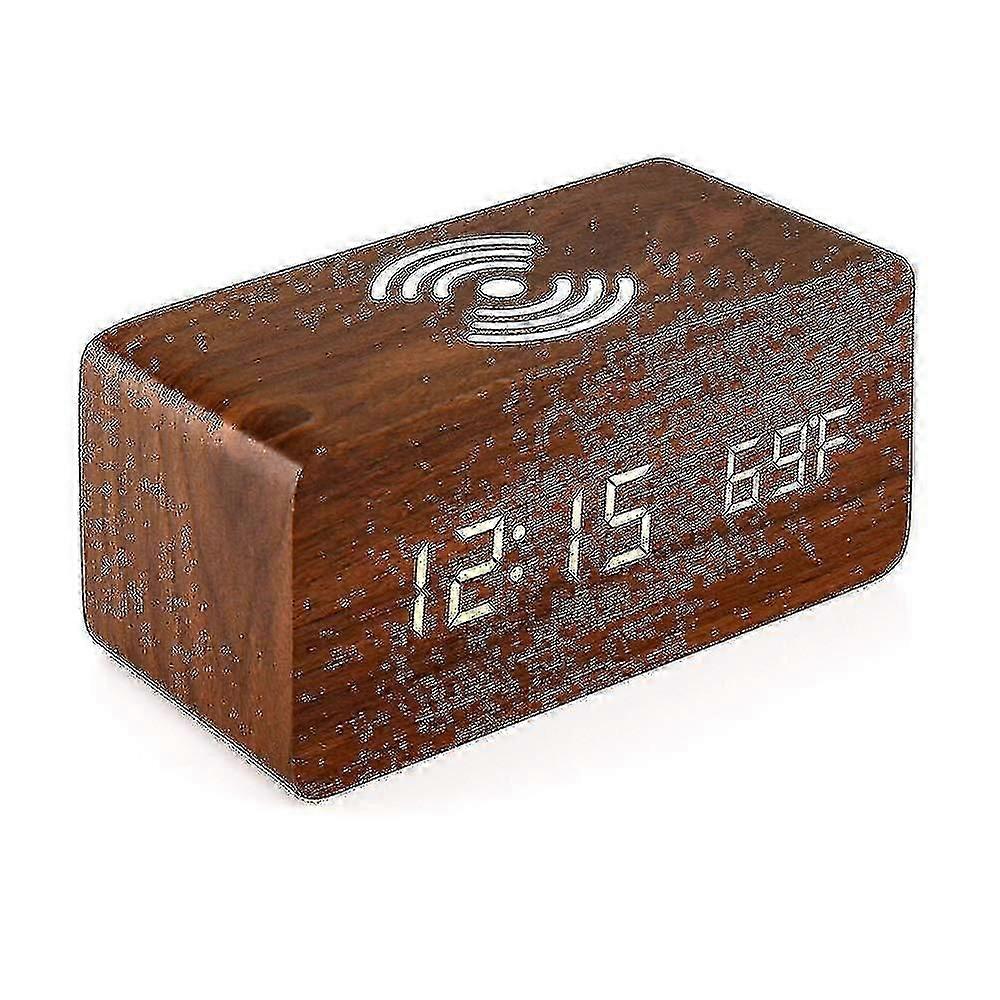Wooden Digital Alarm Clock with Wireless Charging - Brown