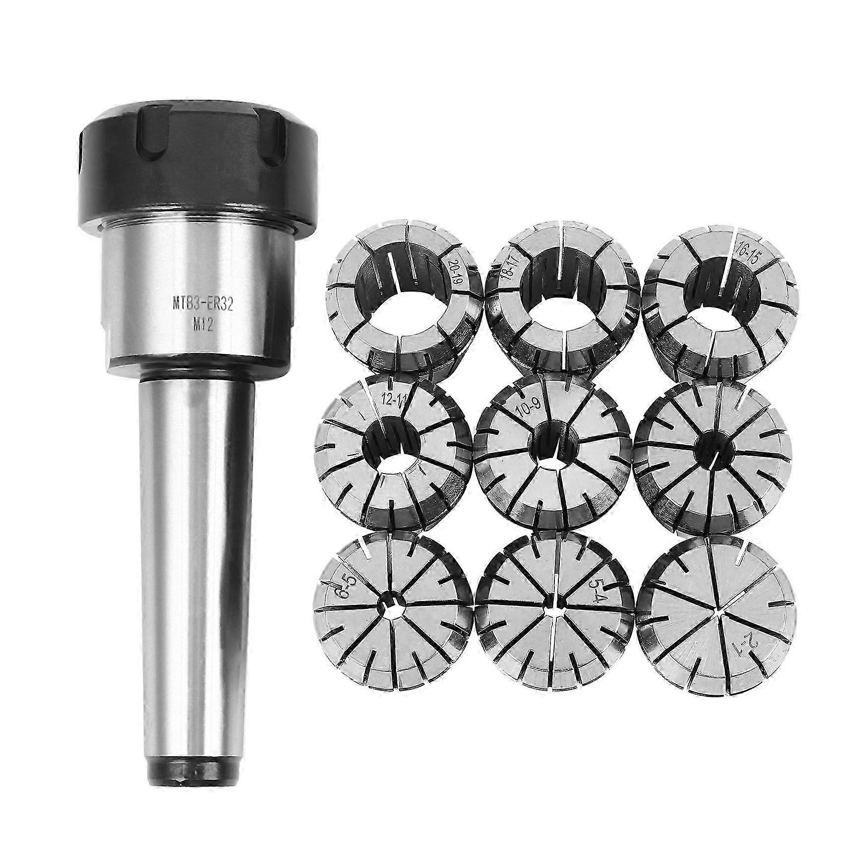 10pcs ER32 Spring Collets Set 2/4/6/8/10/12/16/18/20mm + MT3 M12 ER32 Collet Chuck Morse Taper Holder