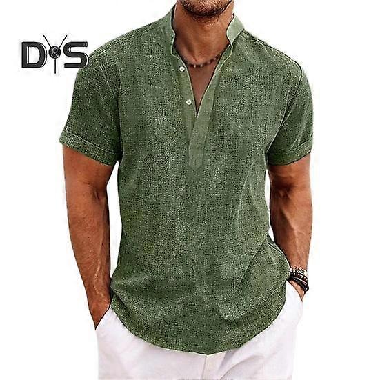 Men Summer Shirt Short Sleeves Solid Color Button Half-open Stand Collar Loose Soft Breathable Mid Length Casual Pullover Daily Top