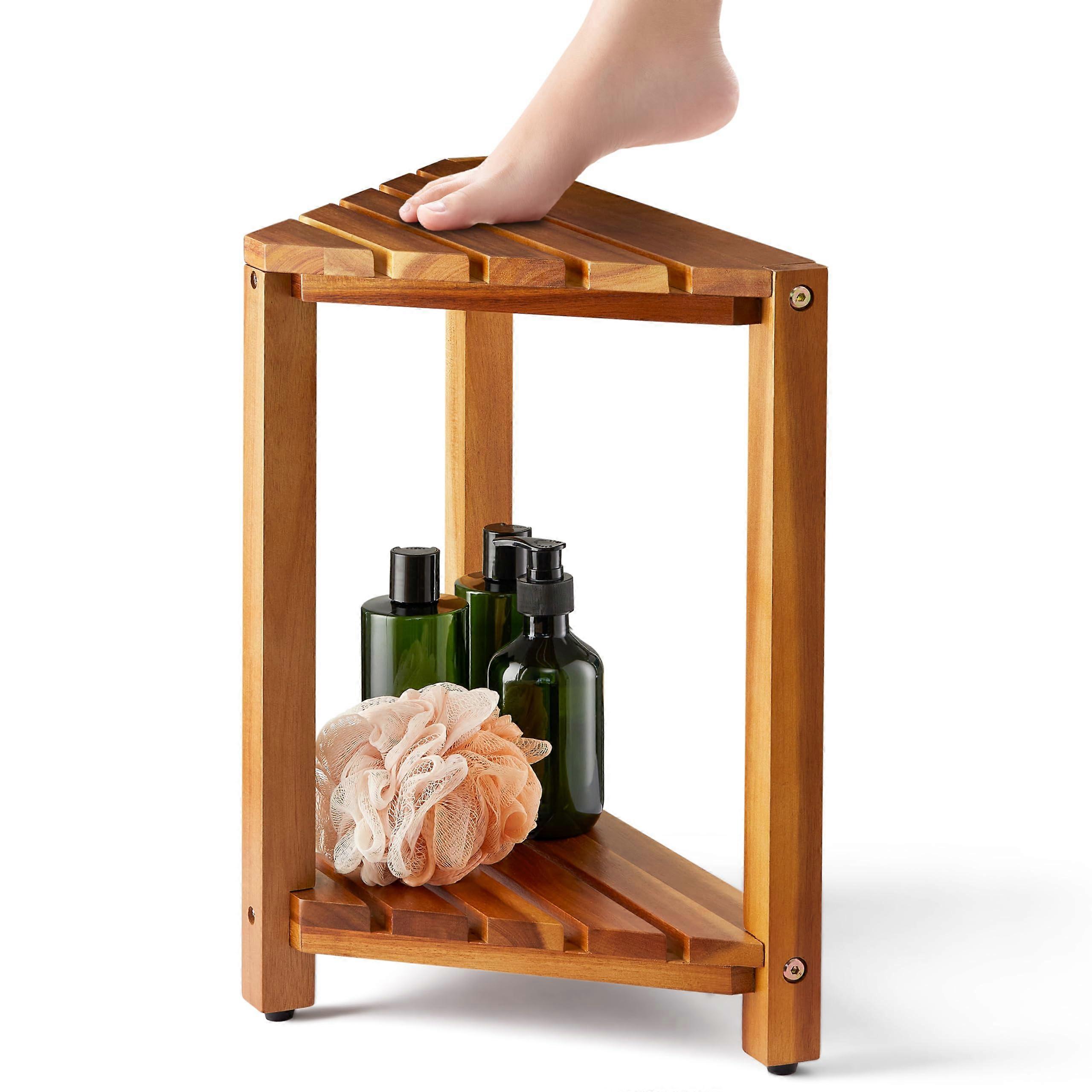 Wooden Corner Shower Stool for Shaving Inside Legs Shower with Storage Shelf