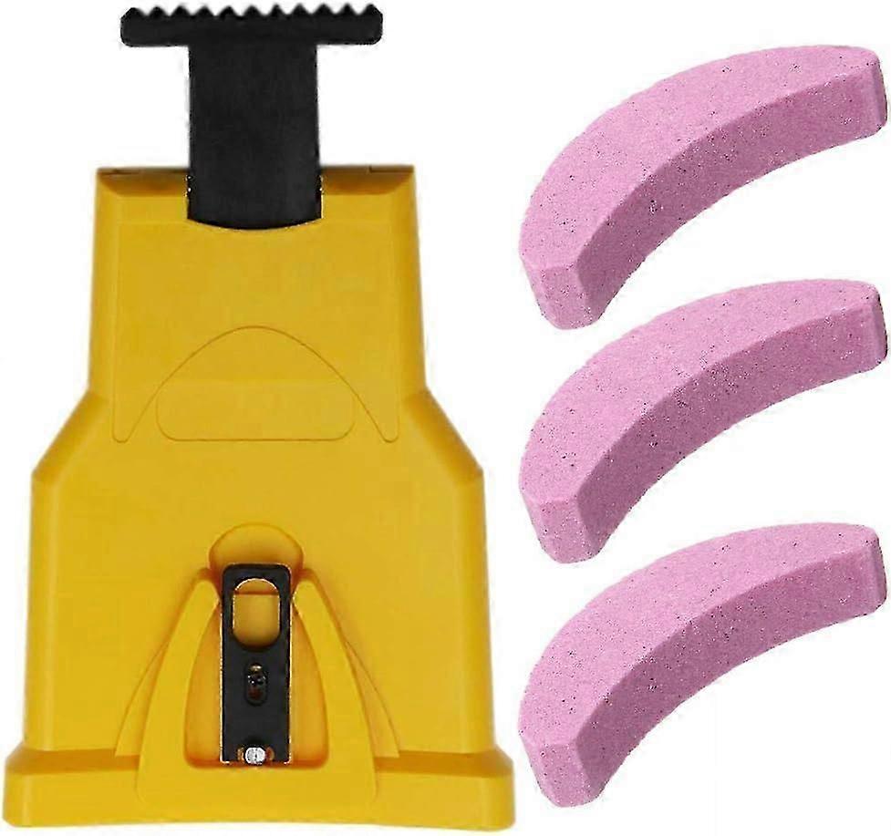Chainsaw Tooth Sharpener, tomatic Sharpener (1Pcs), Replaceable Sharpening Stone (3Pcs), Guide Bar Adjustment With 2 Guide Holes (Yellow)