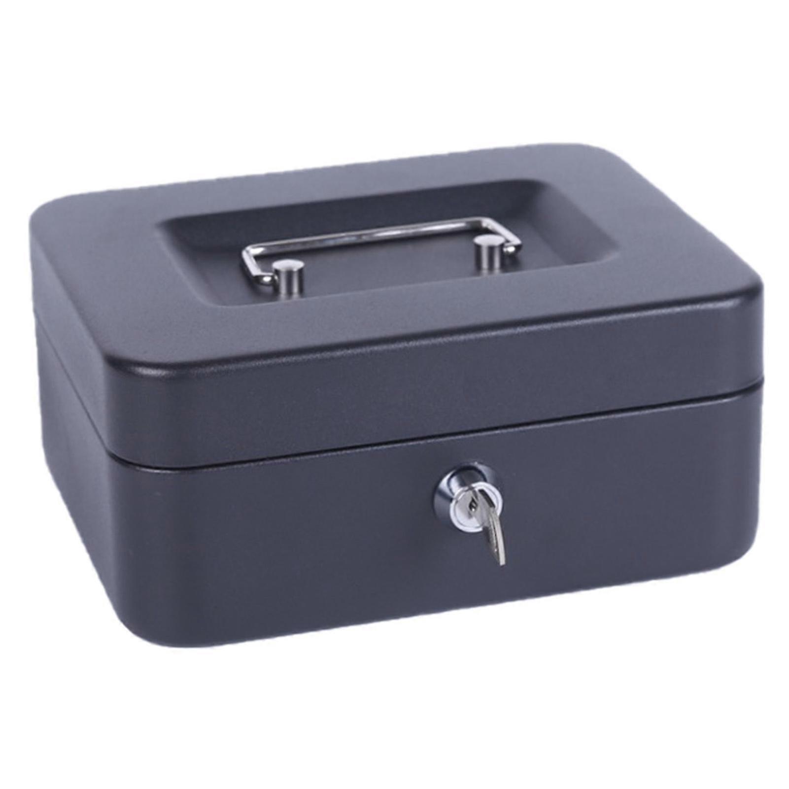 Small Cash Box with Lock Multiple Compartments Opening Folding Stainless Steel Portable Money Box with Handle Black Frosted Oversized with Key